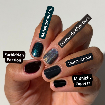 A hand displaying six different nail polish colors with black text labels naming each shade: Forbidden Passion, Redemption Arc, Diamonds After Dark, Joan's Amrmor, Midnight Express. The hand is photographed against a plain light background.