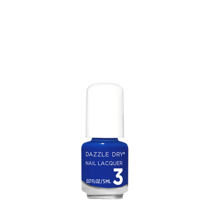 Blue nail polish bottle with white cap on a white background