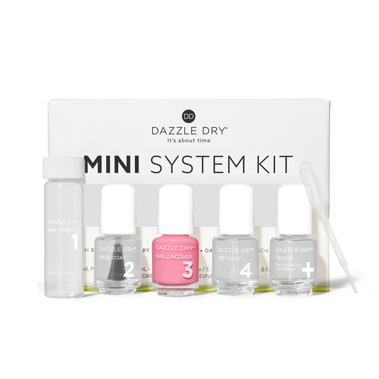 Soulmate Mini Kit from Dazzle Dry. .25oz Nail Prep, .17oz Base Coat, .17oz Soulmate Lacquer, .17oz Top Coat, .17oz Revive.